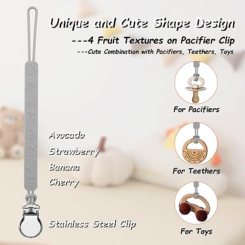 Silicone Pacifier Clip, Seposeve Pack of 3 Baby Pacifier Teether Clip with 4 Texture, Soft Flexible Silicone Pacifier Leashes & Cases for Boy and Girl, Keeps Pacifier Clean, Black Grey White