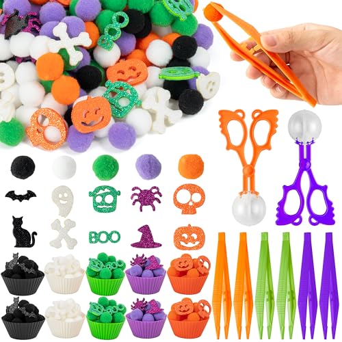 Image of EZdhuawuse Halloween Sensory Bin Fillers - 269P Halloween Fine Motor Toys Sorting Stacking Toys for Kids, Glitter Felt Pumpkin Black Cat Hat Pom Poms for Preschool Education Early Development Activity