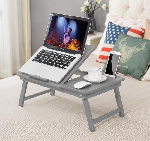 Image of Wooden Laptop Table Standard Adjustable Study Table with Laptop, Portable Lap Desk, Multifunctional Bed Table with Drawer and Folding Legs (Grey)