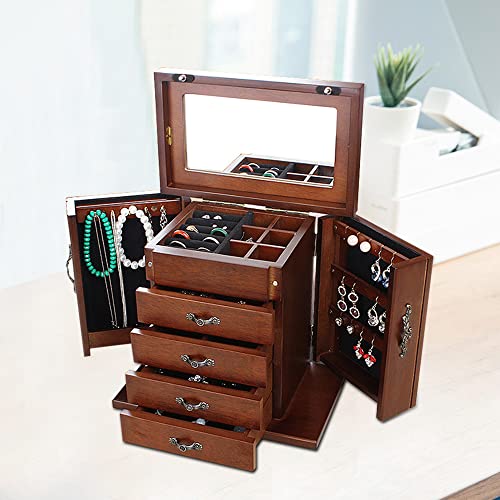 Vintage Schmuckschatulle aus Holz 5 Ebenen 5 Schubladen Schmuckschatulle Aufbewahrungsbox mit Spiegel für Ringe, Halsketten, Ohrringe, Armbänder, hochwertiges Geschenk Cover