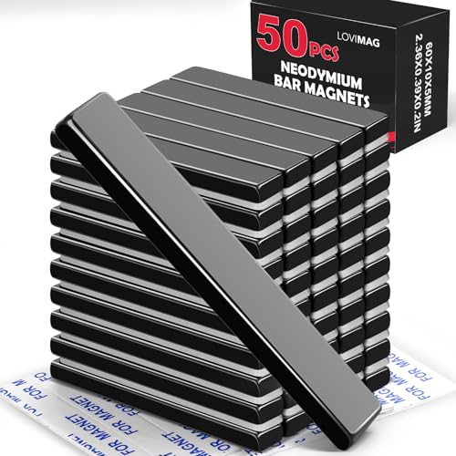LOVIMAG Waterproof Strong Neodymium Bar Magnets, Black Refrigerator Magnets with Double- Sided Adhesive, Heavy Duty Magnet for Shower Door,Fridge,Office,Scientific Etc, 60 x 10 x 5 mm, Pack of 50