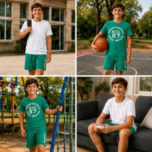 Image of AEROPOSTALE Boys Athletic Shorts Set 3 Piece Graphic T Shirts Fleece Shorts | Soft Breathable Jersey Tees, Elastic Waistband, Side Pockets, Screen-print Design, Durable Stitching for School & Play