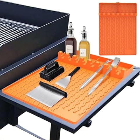 QinSuiKai Griddle Mat BBQ Grill Accessories Tools for Blackstone, Side Shelf Mat Grill Pad for Weber Grill Kitchen Counter Silicone Spatula Mat with Drip Pad for Kitchen, Cooking, Countertop (Orange) Cover