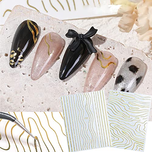 6 Sheets Gold Nail Art Stickers Decal,Line Nail Stickers 3D Metallic Self-Adhesive Nail Decals Holographic Wave Stripe Lines French Nail Art Design For Women Acrylic Nails Supplies Diy Nail Decoration #TOP4