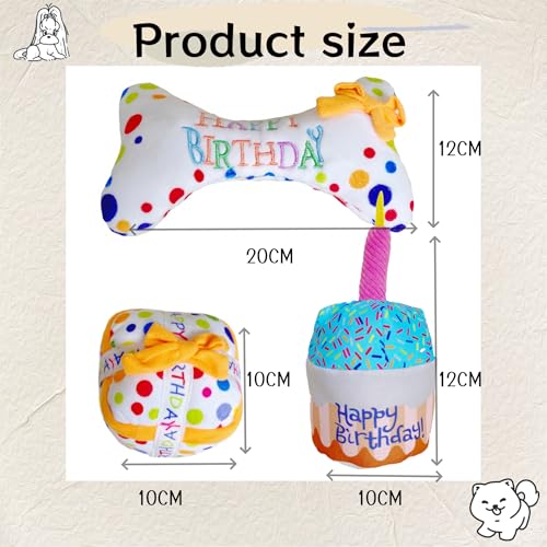 Paquete de 3 juguetes chirriantes de felpa para perros, juego de regalo de pastel de cumpleaños y hueso, juguetes interactivos para masticar para cachorros y perros, alivio del aburrimiento y - imagen 4