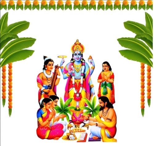 Image of satyanarayana Swamy Backdrops Cloths Traditional Pooja Backdrops Decorations Cloth 8x8 feet, Multi Colur (Knit Fabric) Backdrop for Decoration| puja Backdrop Decoration Cloth | Pooja Backdrop Cloth