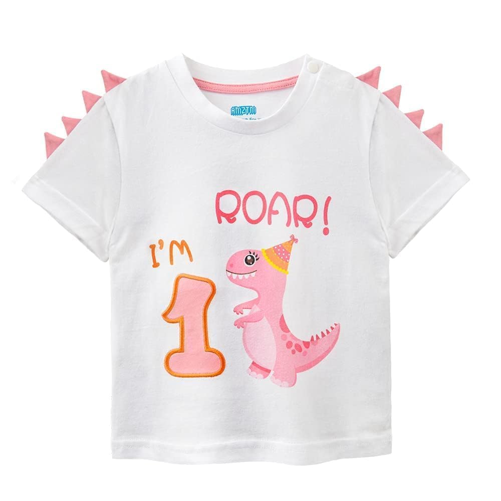 AMZTM Camiseta 1er Cumpleaños Bebé Niña Dinosaurio Cumpleaño Fiesta Manga Corta