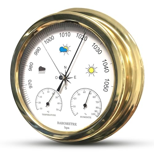 FISHTEC Barómetro Mecánico Analógico Elegante con Termómetro e Higrómetro - Marco Dorado 22,5 cm - Pronóstico del Tiempo por Presión Atmosférica