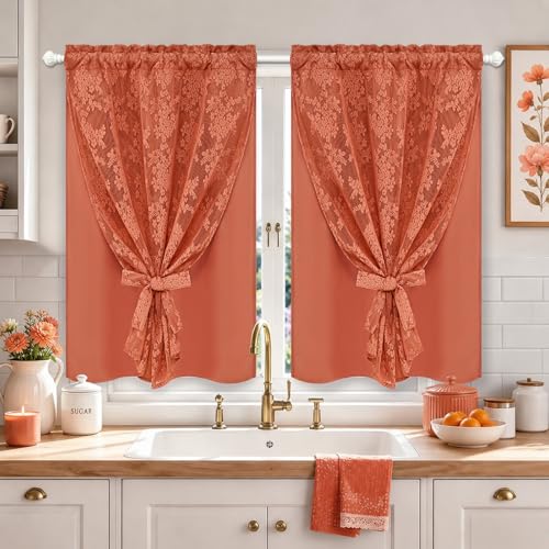 Image of Yinhua Terracotta Kitchen Curtains 36 Inch Length Double Layer Curtain Farmhouse Blackout Curtains for Kitchen Rod Pocket Short Curtain for Windows, Bathroom, Living Room, 2 Panels