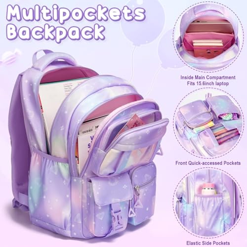 Image of Fimibuke Kids Backpack for School Girls, Waterproof Backpack w /Lunch Box | 3Pcs Lightweight Girls Blue Bookbag w / Lunch box & Pencil Pouch Combo Cute Backpack for Ages 6+ Elementary Middle School Teen