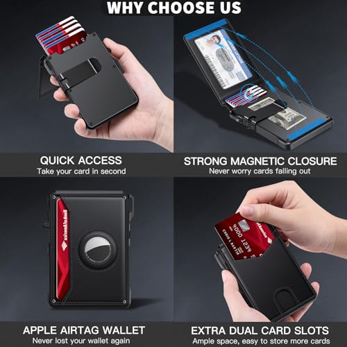 Image of KIKVES Airtag Wallet for Men, Mens Smart Wallet for Air Tag RFID Blocking, Minimalist Bifold Pop Up Aluminum Credit Card Case Holder 12+ Cards with ID Window, Gift for Men, No Airtag Included, Black