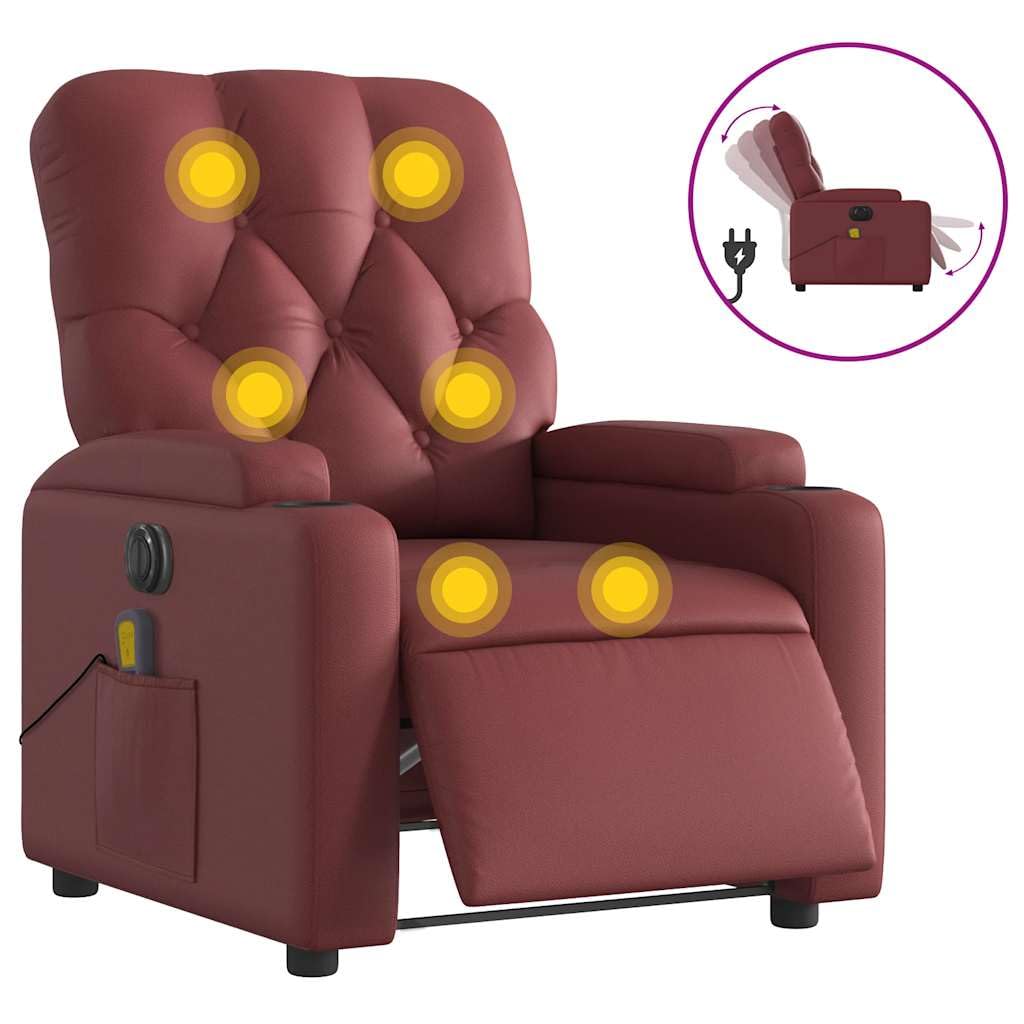 Poltrona massaggiante elettrica vinaccia ecopelle a 6 punti, funzione relax inclinazione 135 gradi, comoda poltrona TV per soggiorno, camera da letto, ufficio, portata 110 kg