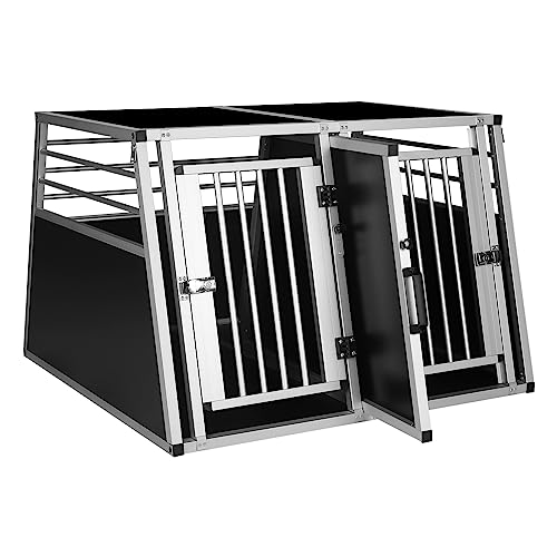 EUGAD Hundetransportbox Auto, Doppel Transportboxen 2 Hunde, Alu Hundebox Auto Kofferraum mit Trennwand Sicherheitsverschluss, Tiertransportbox für Grosse Hunde,Stabile Hundebox Aluminium