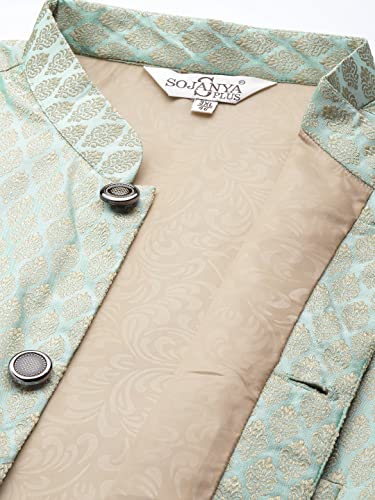 Image of SOJANYA Men's Silk Blend Printed Kurta & Pant With Nehru Jacket