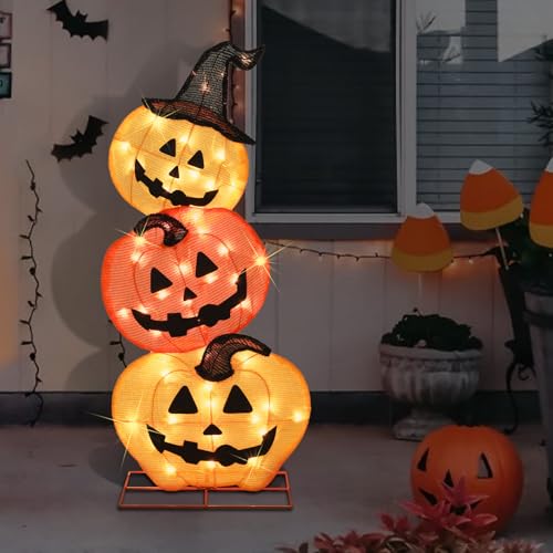 Lewis&Wayne OUTDOOR-LIGHTED-HOLIDAY-DISPLAYS Halloween Lighted Stacked Pumpkins Decoration, Pre-Lit With 50 Warm White Lights Jack-O-Lantern Pumpkins Lights, Halloween Light Up Pumpkin For Indoor, Outdoor thumb #5