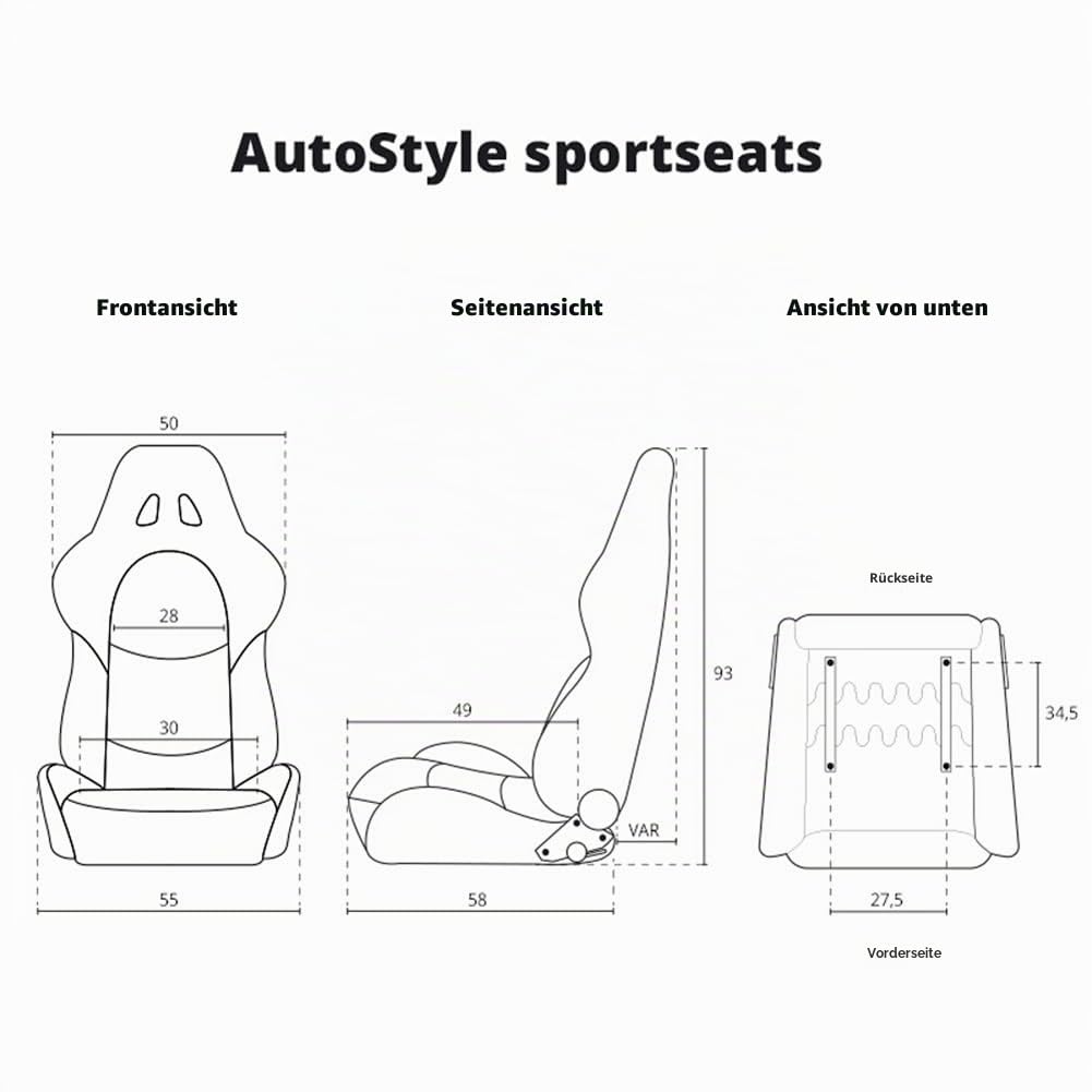 AutoStyle Sportsitze 'Retro' - Schwarz Kunstleder + Silbere Naten - Doppelseitig Verstellbare Rückenlehne - inkl. Laufschienen