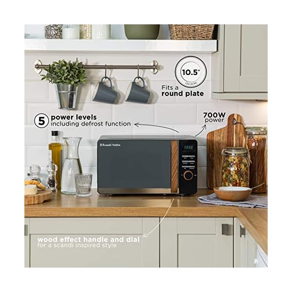 Russell Hobbs Manual Microwave with 5 Power Levels, Wood Effect Handle & Dials, Timer, Defrost Setting, Easy Clean - Image 5
