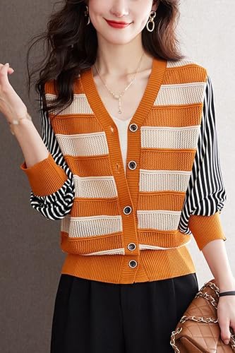 LAI MENG FIVE CATS Women's V-Neck Striped Cardigan Sweaters Long Sleeve Button Down Fashion Casual Tops2