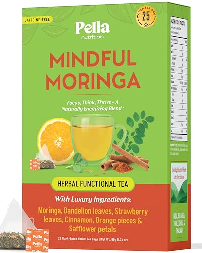 Moringa Herbal Tea with Orange, Strawberry & Dandelion Leaves, Cinnamon and Safflower Petals – Vegan and Kosher – No Caffeine Loose Leaf Alternative – Herbal Blend for Clarity & Wellness (25 Tea Bags)