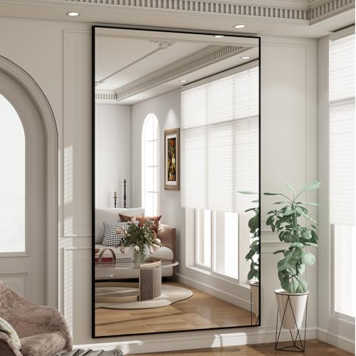 Image of BEAUTYPEAK 77 inchx38 inch Rectangle Full Body Floor Mirrors, Full Length Mirror Hanging or Leaning, Aluminum Alloy Frame Wall Mirror for Bedroom, Dressing Room, Black