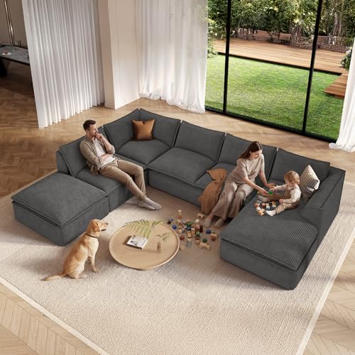 Image of Vesgantti 141.7 inch U Shaped Boneless Sectional Couch, Modern 6 Seater Modular Sofa with Chaise & Ottoman, Deep Seat Corduroy Cloud Couches for Living Room, No Assembly Required, Dark Gray