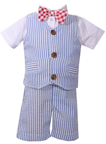 Bonnie Jean Boys 4-Piece Seersucker Suits Set with Shirt, Short, Bow Tie, and Vest (Blue, 18 Months)