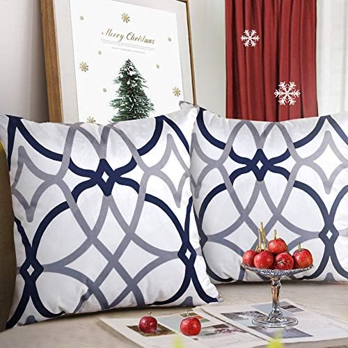 H.VERSAILTEX Original Velvet Cushion Covers 18x18 Throw Pillow Covers for Living Room (Set of 2) Luxury Solid Modern Decorative Pillows for Chair/Sofa/Couch Bed, Dark Denim and Grey Geo Pattern
