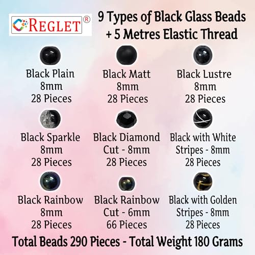 Image of 290 Pcs Black Glass Beads for Jewellery Making Kit - Glass Beads for Bracelet Making Kit - Bead Craft - 8mm