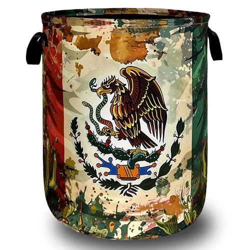 Image of Retro Mexican Flag Laundry Basket Oxford Cloth Hamper 18.9x16.5 Inch | Foldable With Handle Tote Bag Mexican Cactus Laundry Hamper Clothes Storage Bucket Toy Organizer For Bathroom /Laundry /Bedroom