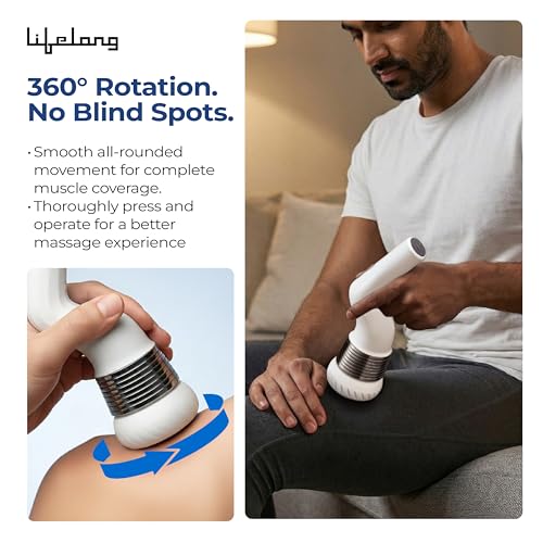 Image of Lifelong Flathead Cordless Massager | Rechargeable Body Massager for Pain Relief | 4 Heads for Targeted Therapy | 6 Speed Levels | Full Body Electric Percussion Massager for Adults & Children | White