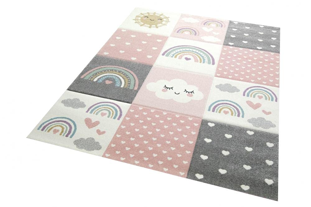 CARPETIA Tapis de Jeu Chambre Enfant Cœurs Arc-en-Ciel Pois en Rose crème Gris - très résistant & antisalissure Größe 120x170 cm