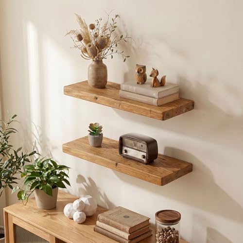 Dreamland 24" Rustic Elm Wood Floating Shelves, 8 Inch Deep Wall Shelves, Wall Mounted Floating Shelf with Invisible Bracket, Heavy-Duty Display Shelf - for Living Room, Kitchen, Bathroom, Set of 2 - Image 3