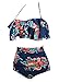 COCOSHIP Red Pink & Navy Blue Antigua Floral Retro Boho Flounce Falbala High Waist Bikini Set Chic Swimsuit Bathing Suit XXL(FBA)