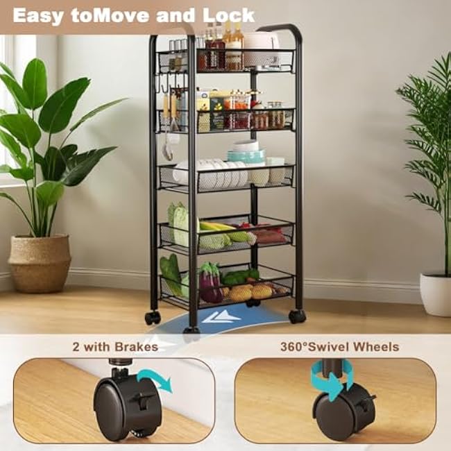5 Tier Rotating Storage Rack Cart, Metal Mesh Rolling Cart Organizer with Top Lid, Fruit and Vegetable Storage Trolley, Metal Wire Shelf with Lid for Kitchen, Living Room, Black-gXT9joMW