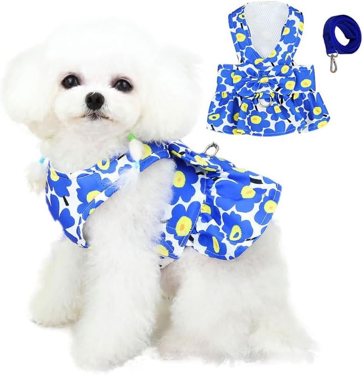 AXIIJGL Dog Dresses for Small Dogs Girl Puppy Dresses with Leash Bow Harness Dress for Small Medium Dogs Summer Pet Floral Dresses with D-Ring Female(Blue XS)