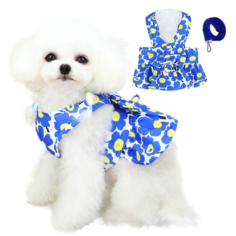AXIIJGL Dog Dresses for Small Dogs Girl Puppy Dresses with Leash Bow Harness Dress for Small Medium Dogs Summer Pet Floral Dresses with D-Ring Female(Blue XS)