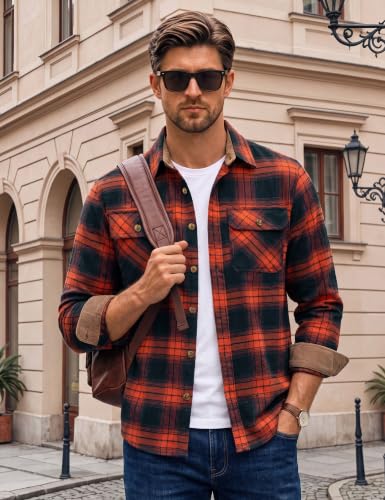 Image of Cotrasen Mens Flannel Shirts Cotton Plaid Button Down Shirt | Long Sleeve, Corduroy Collared, Soft,Breathable, Work, Western, Trendy, Casual Classic Flannel Shirt with Pocket