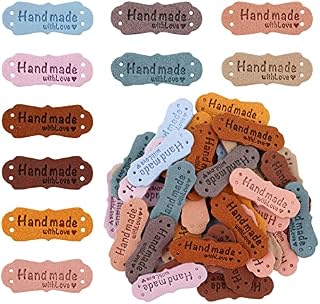 SAVITA 50pcs Handmade Leather Labels, Microfiber Colorful Leather Labels with Love Hearts Handmade Embossed Crochet Tags with Holes for Crafts Knitting Sewing Hats Purses Clothing (10 Colors)