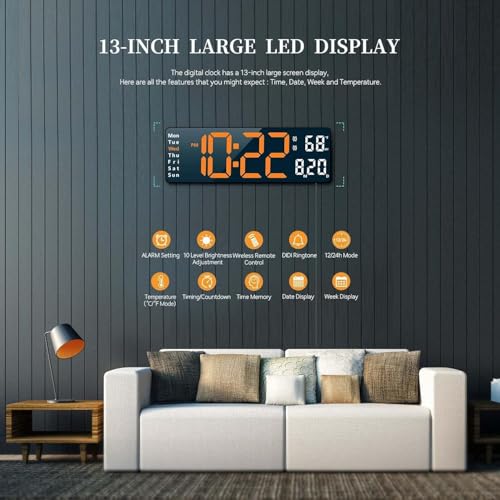 Image of 13 inch Plastic Digital Wall Clock - Large Orange & White LED Display, Remote Control, Auto Brightness Dimmer, Date, Day & Temperature Display - Ideal for Living Room, Office, Gym, Shop
