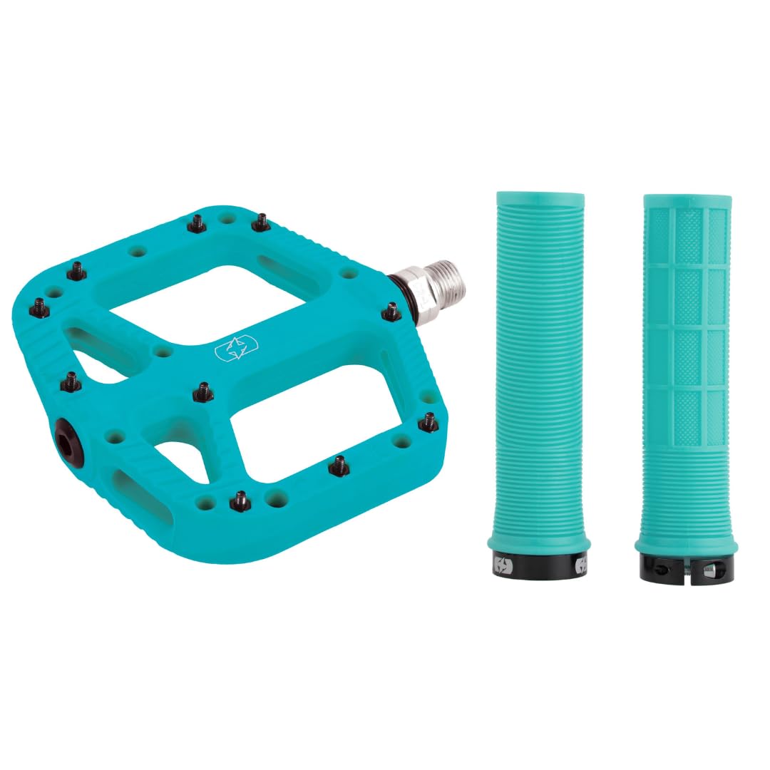 Oxford MTB Grip & Pedal Set – Lock-On Grips + Loam 2.0 Nylon Flat Pedals | Mountain Bike Components, Colour-Matched Pair – Turquoise - Trail Riding, Enduro Biking, Enhanced Grip & Control