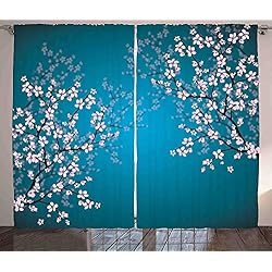 Cortinas Japonesas Cortas ABAKUHAUS japonés Cortinas, Patrón Sakura Bloom, Sala de Estar Dormitorio Cortinas Ventana Set de Dos Paños, 280 x 245 cm, Gasolina Azul pálido Rosa