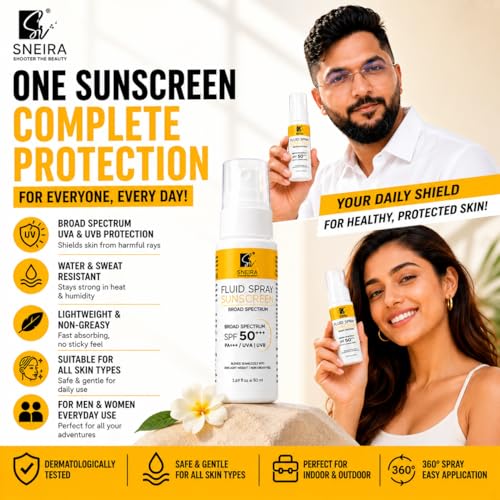 Image of Fluid Spray Sunscreen SPF 50+ PA+++ 50ml | Broad Spectrum UVA UVB Sun Protection for Face & Body | Lightweight No White Cast Water Resistant Sunscreen | Free Daily Use for Men & Women