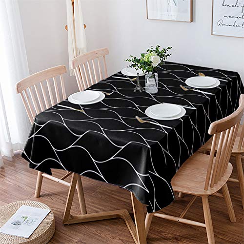 Tablecloth for Rectangle/Oval Tables 60 x 102 Inch Black Wave Geometric Abstract Pattern Fabric Table Cover Waterproof Washable Table Cloth for Dinning Wedding Party Outdoor Picnic Decorative