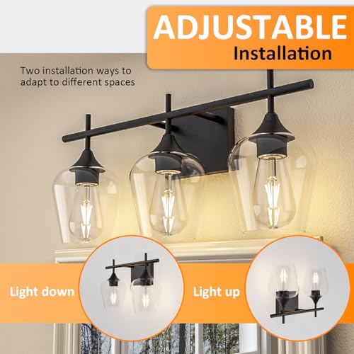 Image of Bathroom Vanity Light, 3-Light 21'' Bathroom Light Fixtures Over Mirror, Black Vanity Lights for Bathroom with Clear Glass, Modern Wall Lamp for Cabinet Hallway, Bedroom