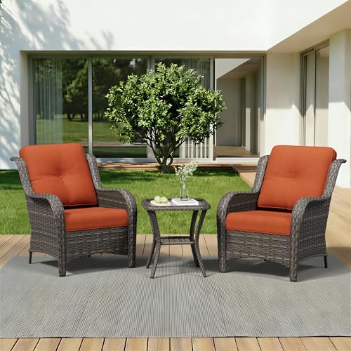 Image of 3 Pieces Outdoor Wicker Patio Furniture Set - Patio Chairs Set with Thickened Olefin Cushions, High Back and Deep Seating, Curved Armrest, PE Rattan for Porch, Deck, Balcony,Orange