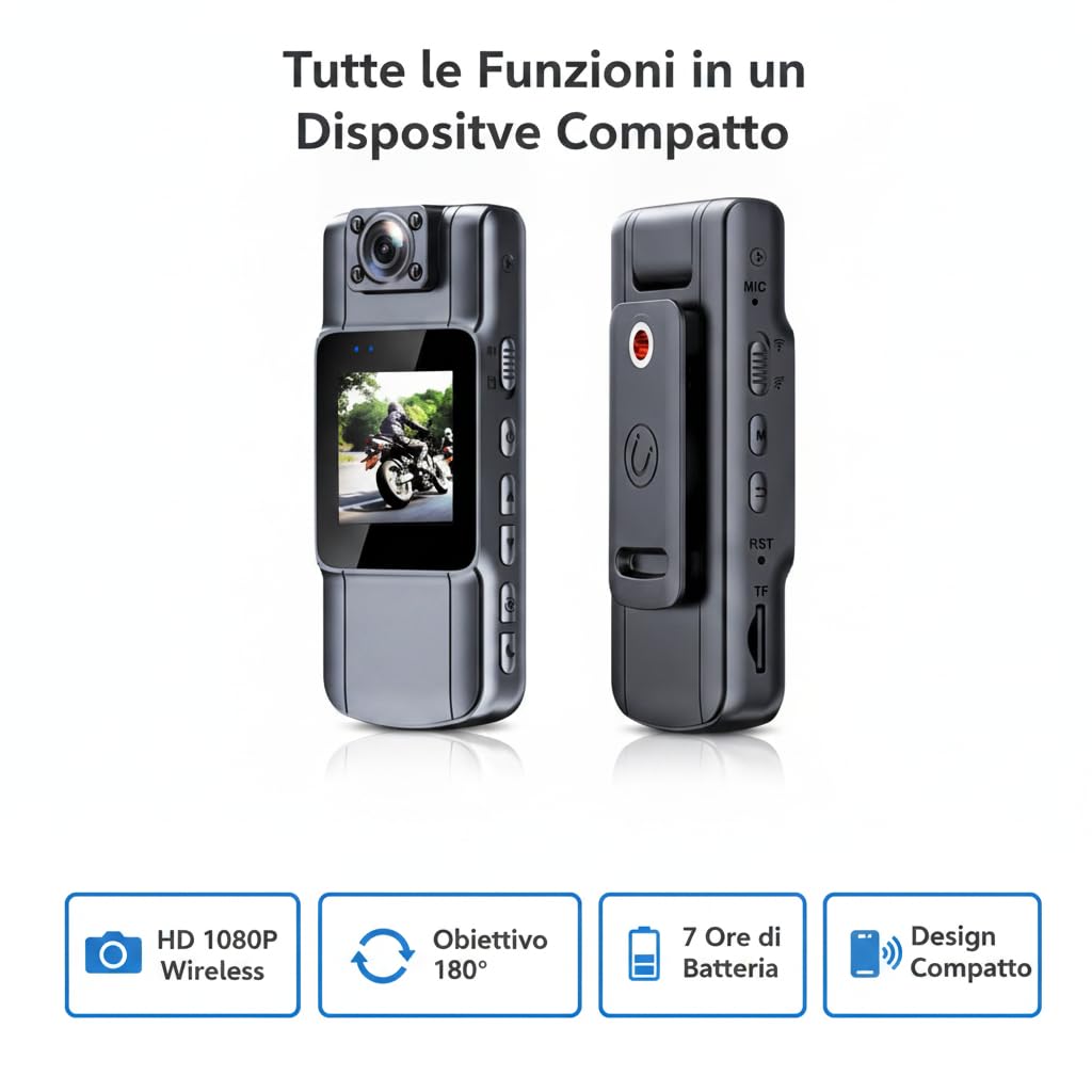 Telecamera wireless per il corpo, videocamera da casco per moto, Smart Camera HD 1080P con obiettivo rotante a 180°, registratore esterno wireless per ciclismo e motociclismo, schermo da 1,54 pollici