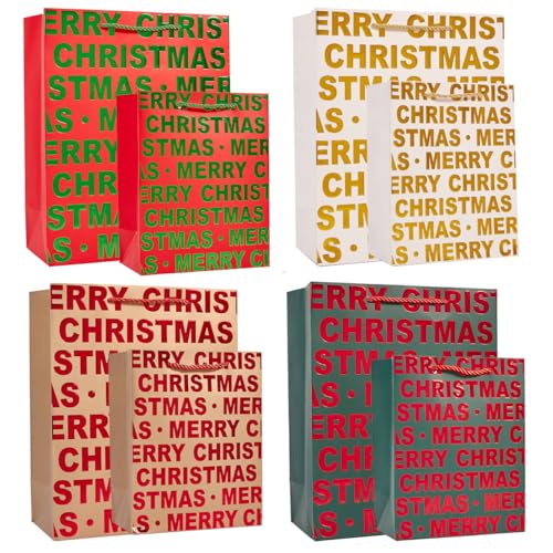 8 Pack Merry ChristmasPaper Gift Bags with Handle Assorted Sizes(4 Large Size 4 Medium Size) 4 Color