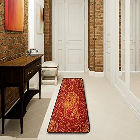 Mnsruu - Alfombra para Sala de Estar, Dormitorio, Cocina, 61 x 182,88 cm, diseño de dragón Chino, Color Dorado y Rojo Cover