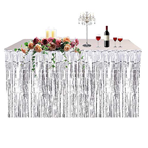 Zebroau Hawaiian Party Decoration Fringed Table Skirt Celebration Thickened Table Skirt Curtain Holiday Supplies Silver