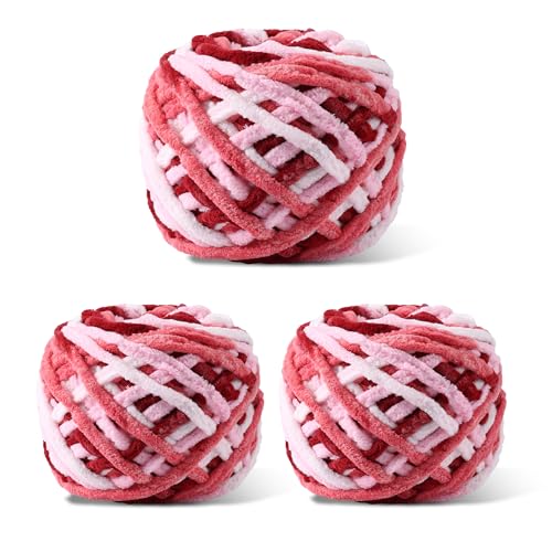 Image of Plush Chenille Chunky Yarn for Crocheting 100g(54.6yd) - Bulky Thick Fluffy Yarn for Knitting- Soft Velvet for Baby, Blanket Knitting Blanket Yarns- Amigurumi Yarns (3-White + Pink + Red)